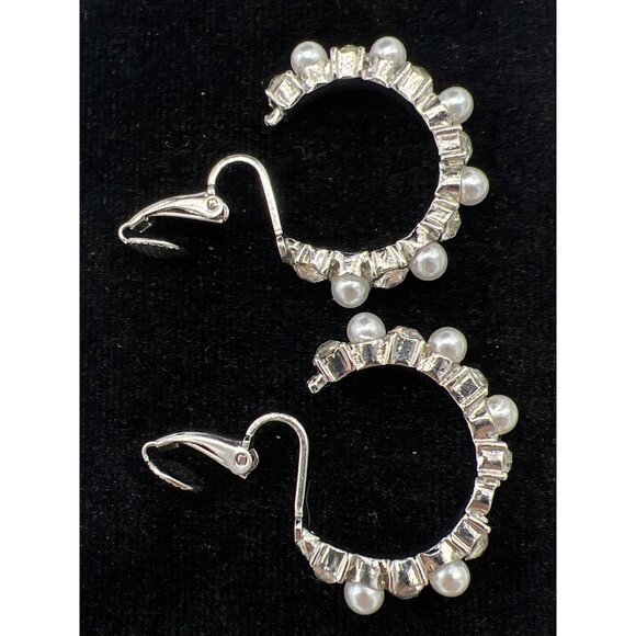 Silver-Tone Hoop Earrings With Faux Pearls & Rhinestones Clip-On Style - Picture 5 of 6